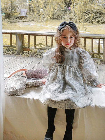 Young Girl Retro Literary Landscape Painting Contrast Lace Flare Sleeve Dress