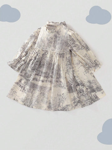 Young Girl Retro Literary Landscape Painting Contrast Lace Flare Sleeve Dress