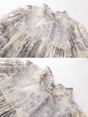 Young Girl Retro Literary Landscape Painting Contrast Lace Flare Sleeve Dress
