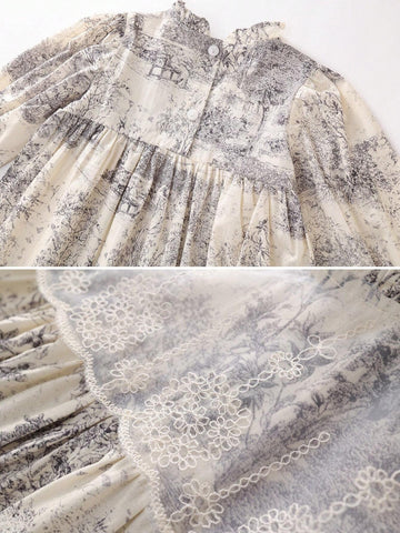Young Girl Retro Literary Landscape Painting Contrast Lace Flare Sleeve Dress