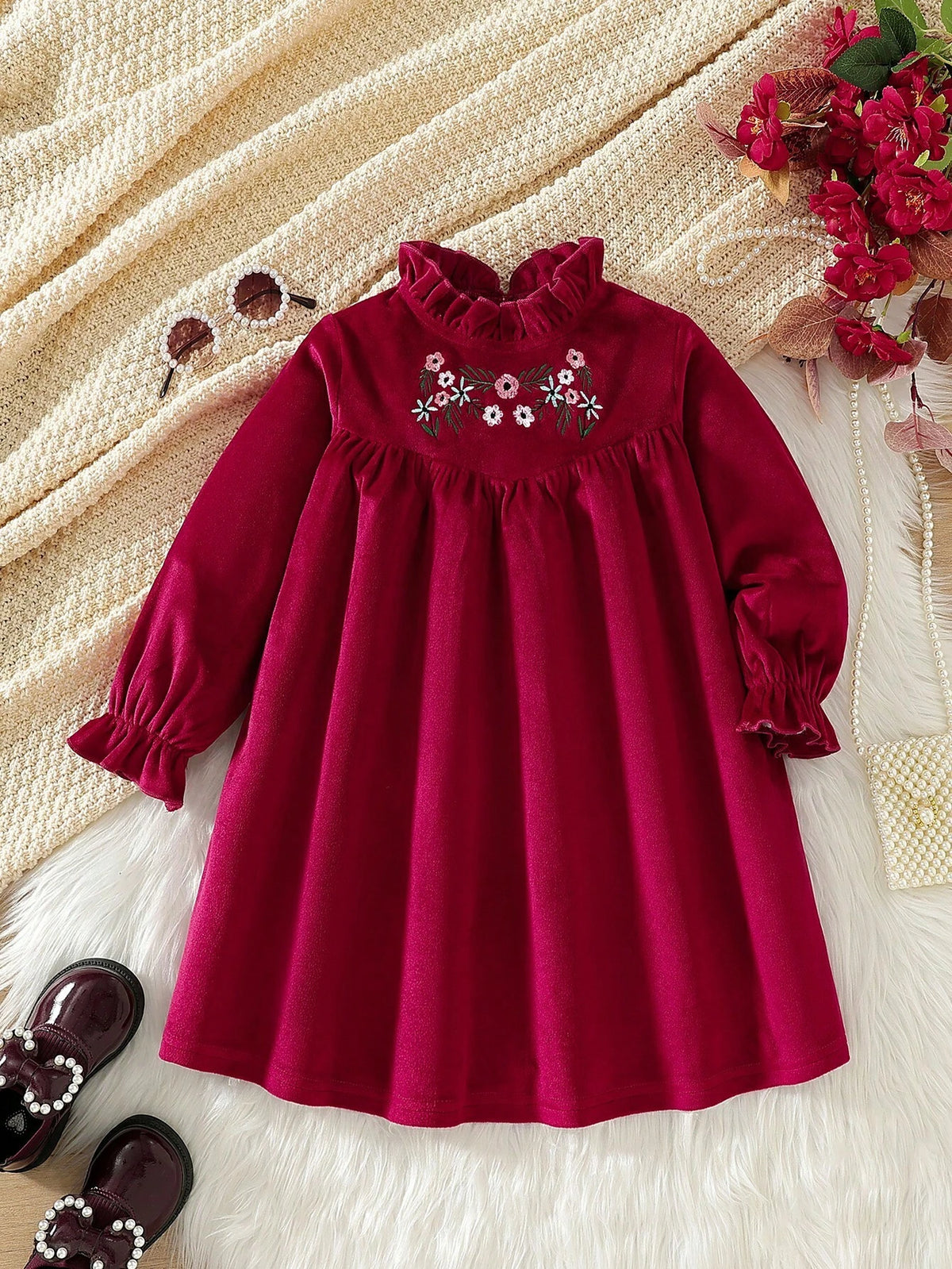 Young Girl' Retro Velvet Floral Embroidered Chinese Style Thick Dress, Fall/Winter