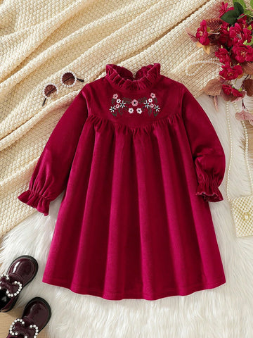 Young Girl' Retro Velvet Floral Embroidered Chinese Style Thick Dress, Fall/Winter