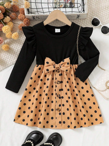 Young Girl Rib-Knit Patchwork Velour Polka Dot Print Long Sleeve Cute Dress
