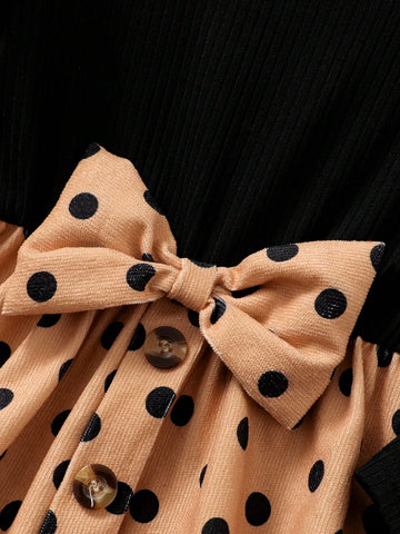 Young Girl Rib-Knit Patchwork Velour Polka Dot Print Long Sleeve Cute Dress