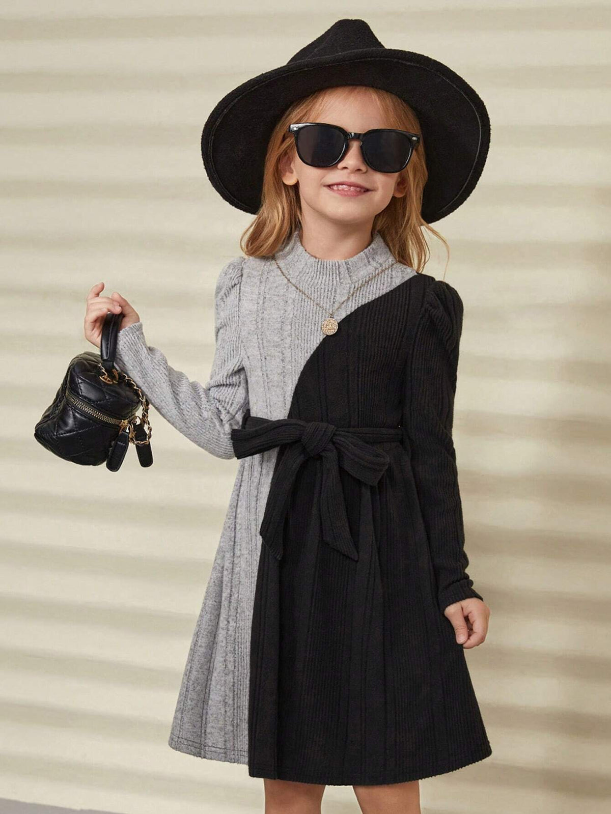Young Girl Ribbed Knit Colorblock Stand Collar Fitted Casual Dress