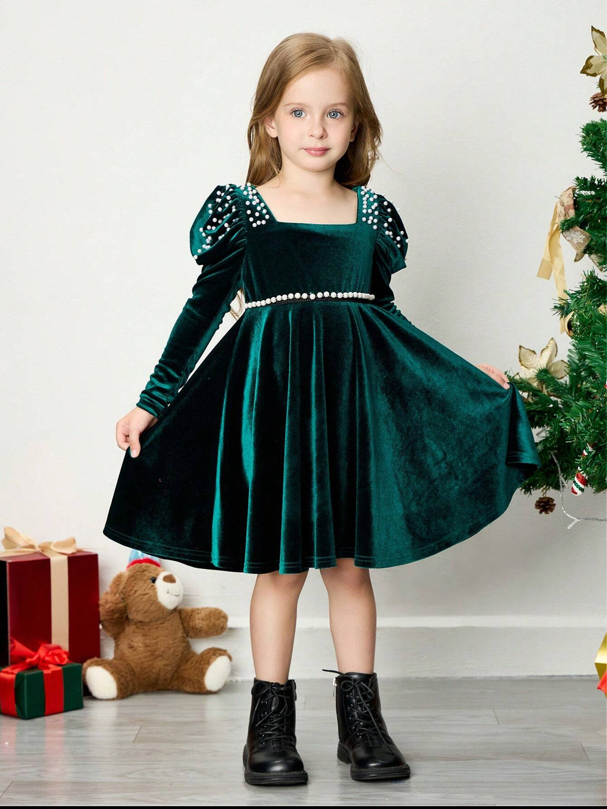 Young Girl Ribbed Square Neck Beaded Gigot Sleeve Fitted Dress