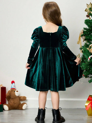 Young Girl Ribbed Square Neck Beaded Gigot Sleeve Fitted Dress