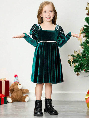 Young Girl Ribbed Square Neck Beaded Gigot Sleeve Fitted Dress