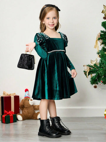 Young Girl Ribbed Square Neck Beaded Gigot Sleeve Fitted Dress
