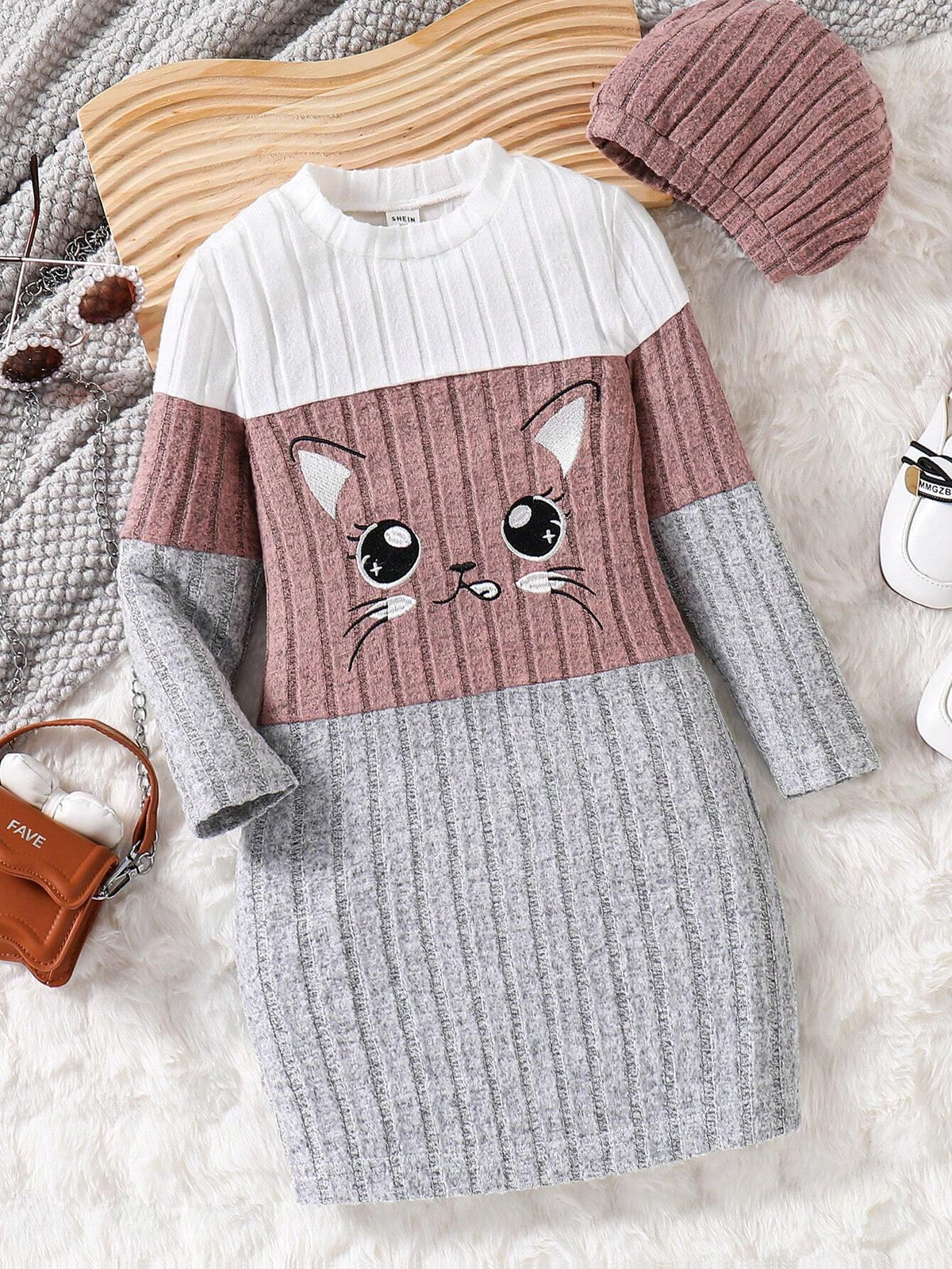 Young Girl Ribbed Texture Colorblock Sweet Cat Print Casual Dress With Hat, Fashion Set