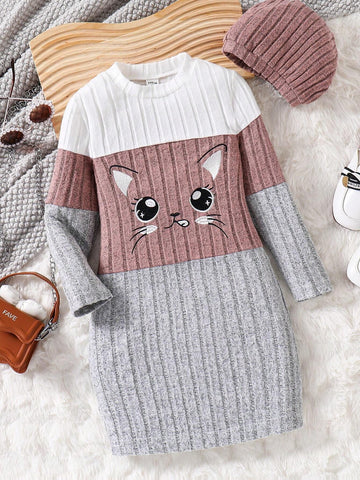Young Girl Ribbed Texture Colorblock Sweet Cat Print Casual Dress With Hat, Fashion Set