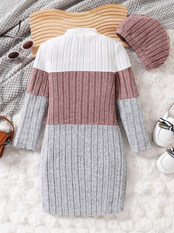 Young Girl Ribbed Texture Colorblock Sweet Cat Print Casual Dress With Hat, Fashion Set