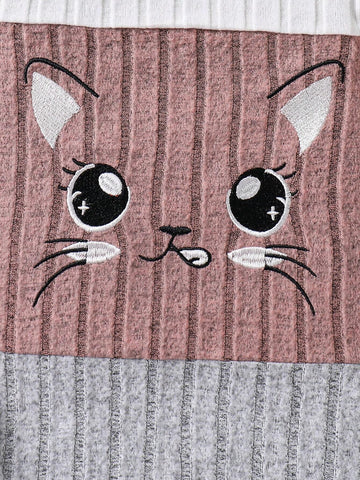 Young Girl Ribbed Texture Colorblock Sweet Cat Print Casual Dress With Hat, Fashion Set