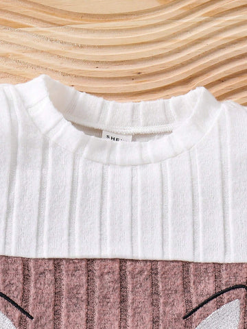 Young Girl Ribbed Texture Colorblock Sweet Cat Print Casual Dress With Hat, Fashion Set
