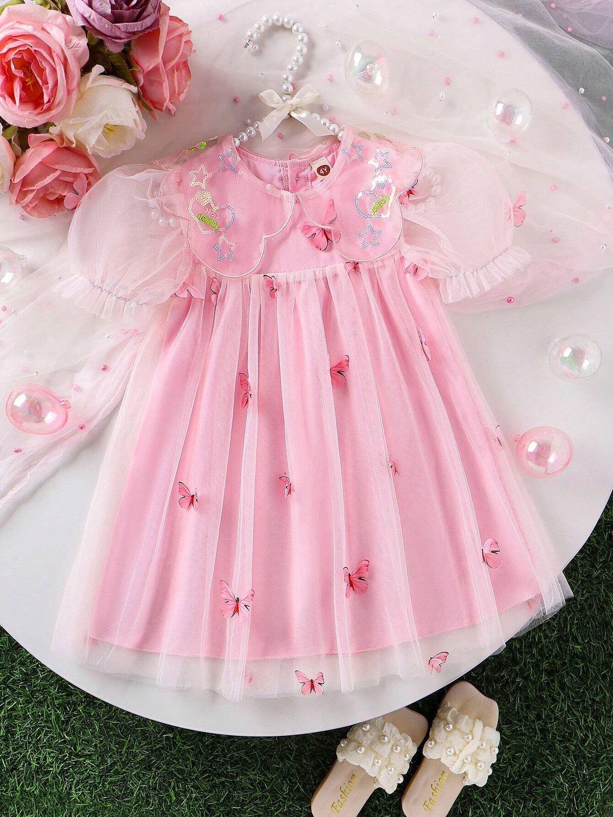 Young Girl Romantic Coat Collar 3D Butterfly Mesh Dress