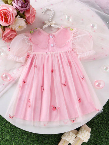 Young Girl Romantic Coat Collar 3D Butterfly Mesh Dress