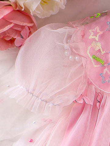 Young Girl Romantic Coat Collar 3D Butterfly Mesh Dress