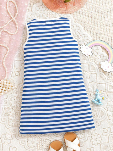 Young Girl Round Neck Blue & White Striped Imitation Pearl & Rainbow Printed Sleeveless Dress