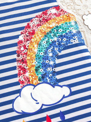 Young Girl Round Neck Blue & White Striped Imitation Pearl & Rainbow Printed Sleeveless Dress