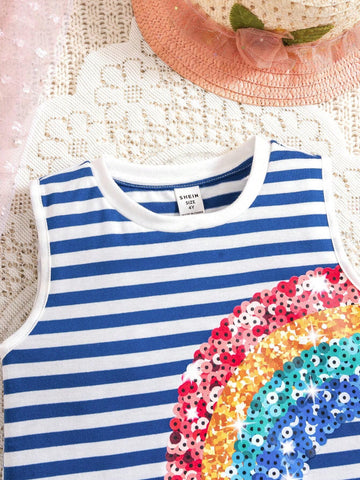 Young Girl Round Neck Blue & White Striped Imitation Pearl & Rainbow Printed Sleeveless Dress
