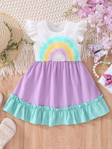 Young Girl Round Neck Cap Sleeve Ruffle Cute Cap Sleeve Colorful Mesh Contrast Color Dress
