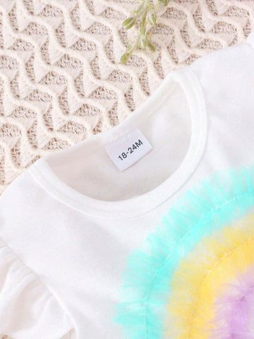 Young Girl Round Neck Cap Sleeve Ruffle Cute Cap Sleeve Colorful Mesh Contrast Color Dress
