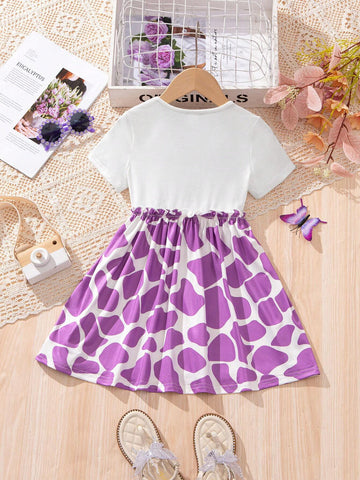 Young Girl Round Neck Deer Pattern Patchwork Printed Casual Dress