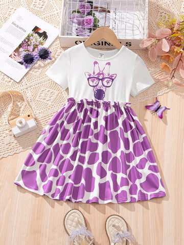 Young Girl Round Neck Deer Pattern Patchwork Printed Casual Dress