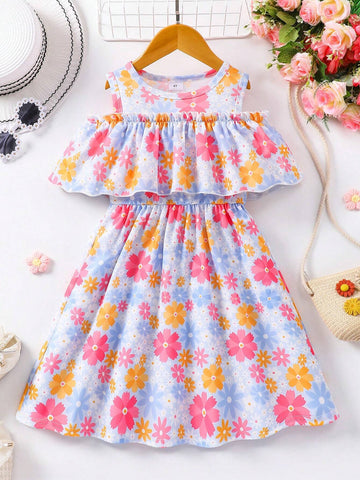 Young Girl' Round Neck Ditsy Floral Open Shoulder Summer Dress