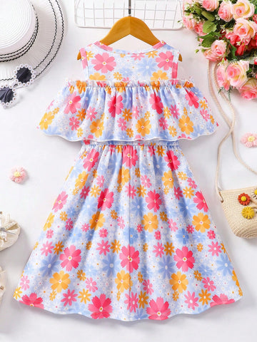 Young Girl' Round Neck Ditsy Floral Open Shoulder Summer Dress