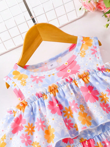 Young Girl' Round Neck Ditsy Floral Open Shoulder Summer Dress