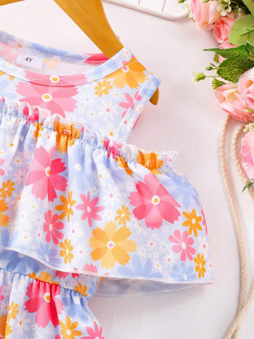 Young Girl' Round Neck Ditsy Floral Open Shoulder Summer Dress