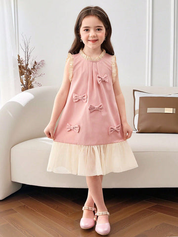 Young Girl Round Neck Fitted 3D Bow Sleeveless Dress