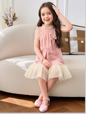 Young Girl Round Neck Fitted 3D Bow Sleeveless Dress