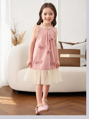 Young Girl Round Neck Fitted 3D Bow Sleeveless Dress