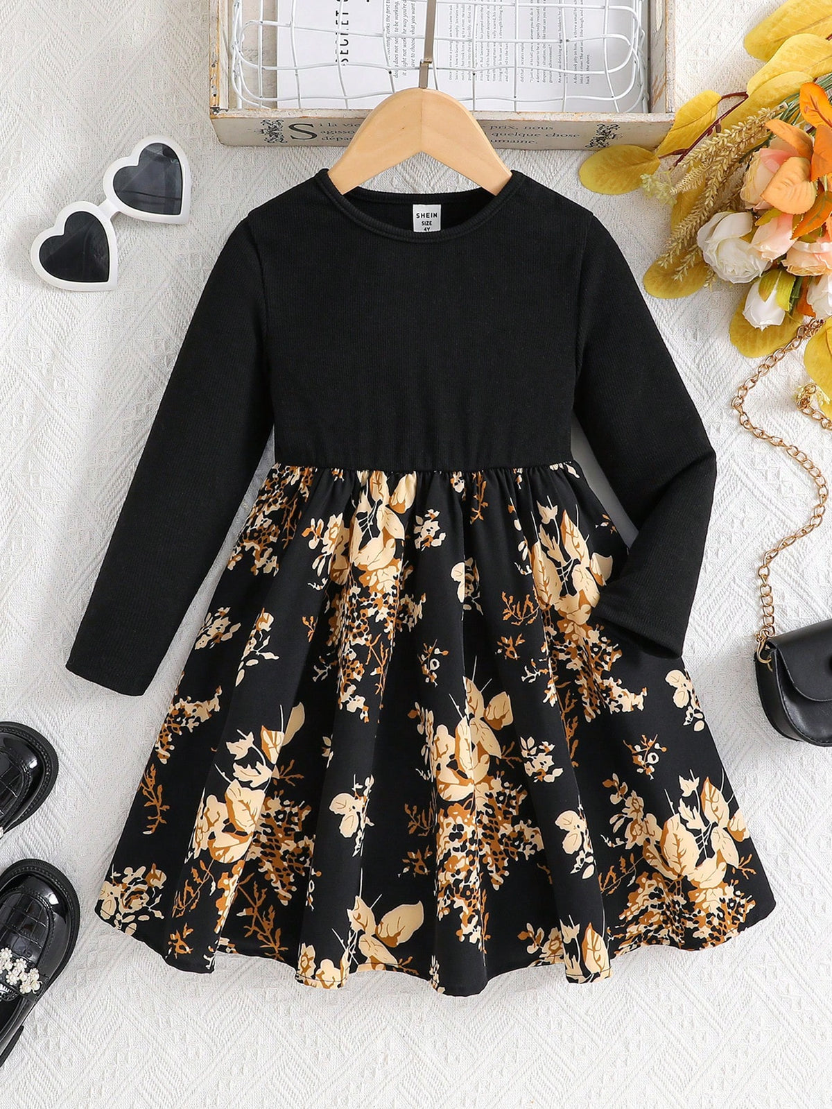 Young Girl Round Neck Knit & Woven Floral Patchwork Casual Midi Dress