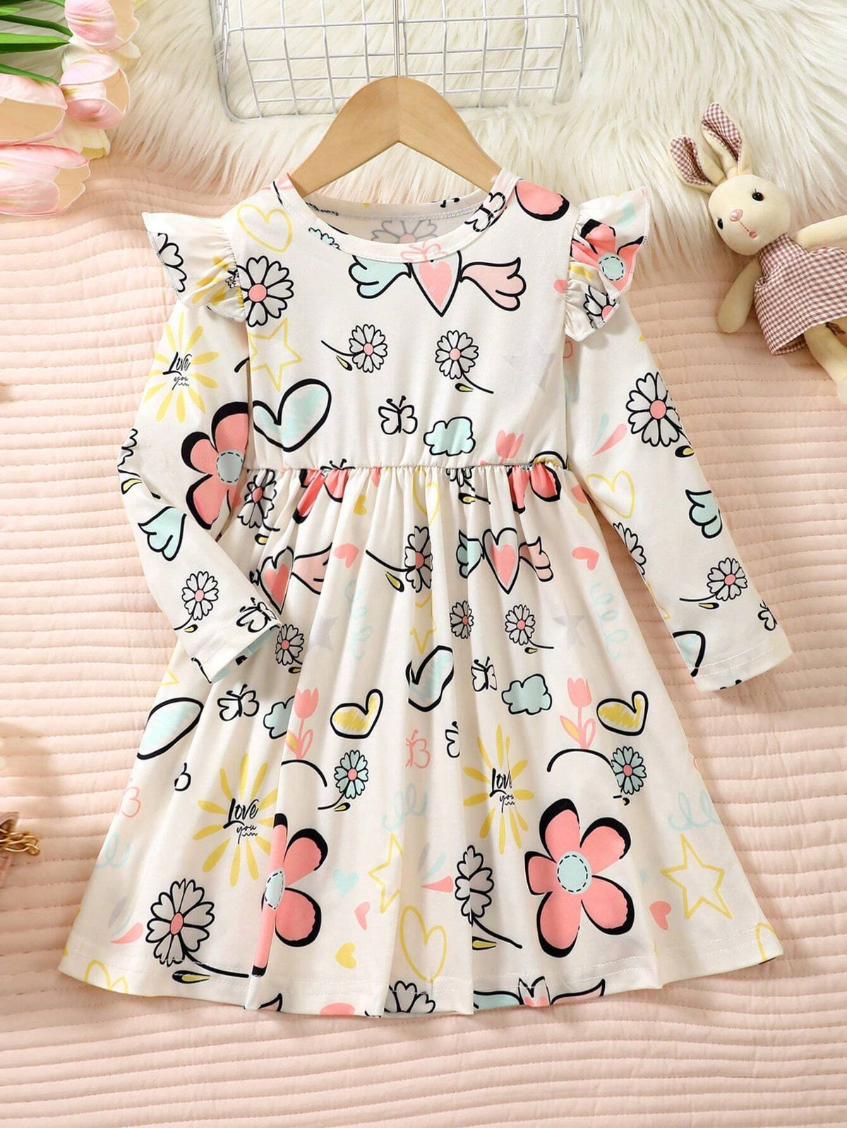 Young Girl Round Neck Long Sleeve All-Over Print Pleated Dress