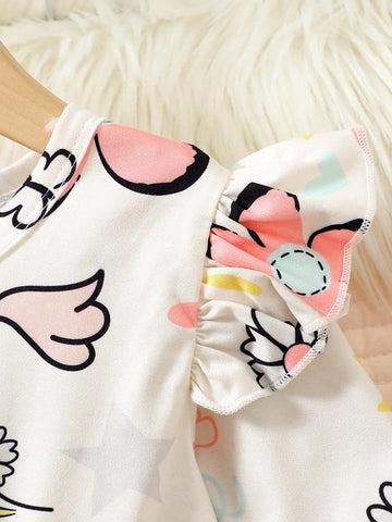 Young Girl Round Neck Long Sleeve All-Over Print Pleated Dress
