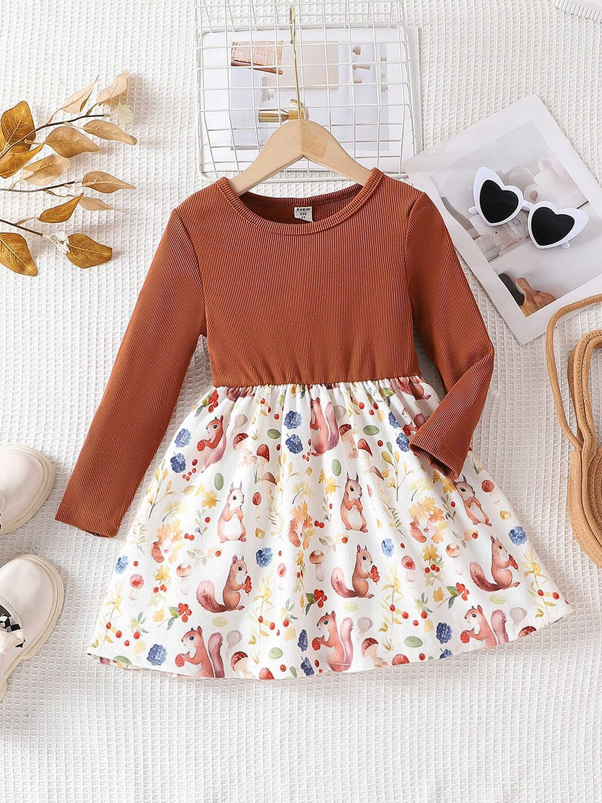 Young Girl Round Neck Long Sleeve Corduroy Cartoon Squirrel & Floral Print Dress, Cute & Comfy Pullover Dress