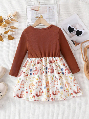 Young Girl Round Neck Long Sleeve Corduroy Cartoon Squirrel & Floral Print Dress, Cute & Comfy Pullover Dress