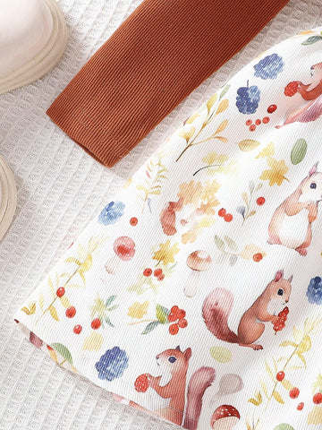 Young Girl Round Neck Long Sleeve Corduroy Cartoon Squirrel & Floral Print Dress, Cute & Comfy Pullover Dress