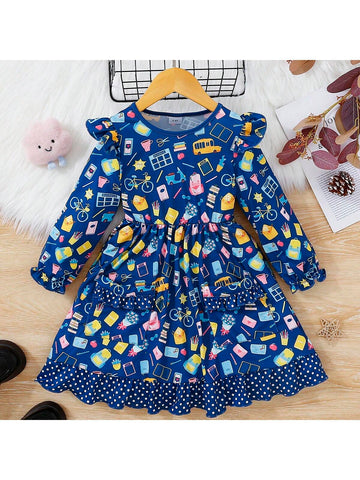 Young Girl Round Neck Long Sleeve Dress With Lace Panel And Hand-Drawn Pattern