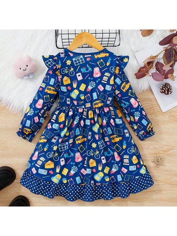 Young Girl Round Neck Long Sleeve Dress With Lace Panel And Hand-Drawn Pattern