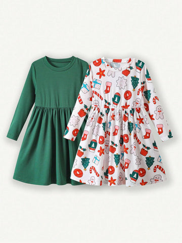 Young Girl Round Neck Long Sleeve Pleated Casual Loose Dress, Autumn