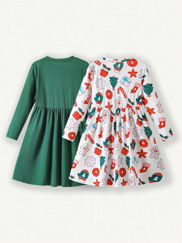 Young Girl Round Neck Long Sleeve Pleated Casual Loose Dress, Autumn