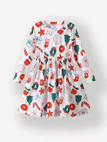 Young Girl Round Neck Long Sleeve Pleated Casual Loose Dress, Autumn