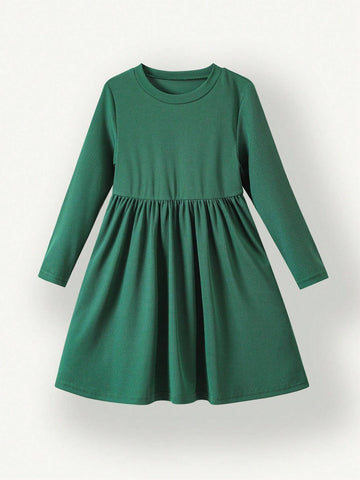 Young Girl Round Neck Long Sleeve Pleated Casual Loose Dress, Autumn
