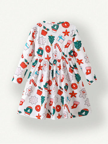 Young Girl Round Neck Long Sleeve Pleated Casual Loose Dress, Autumn