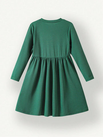Young Girl Round Neck Long Sleeve Pleated Casual Loose Dress, Autumn