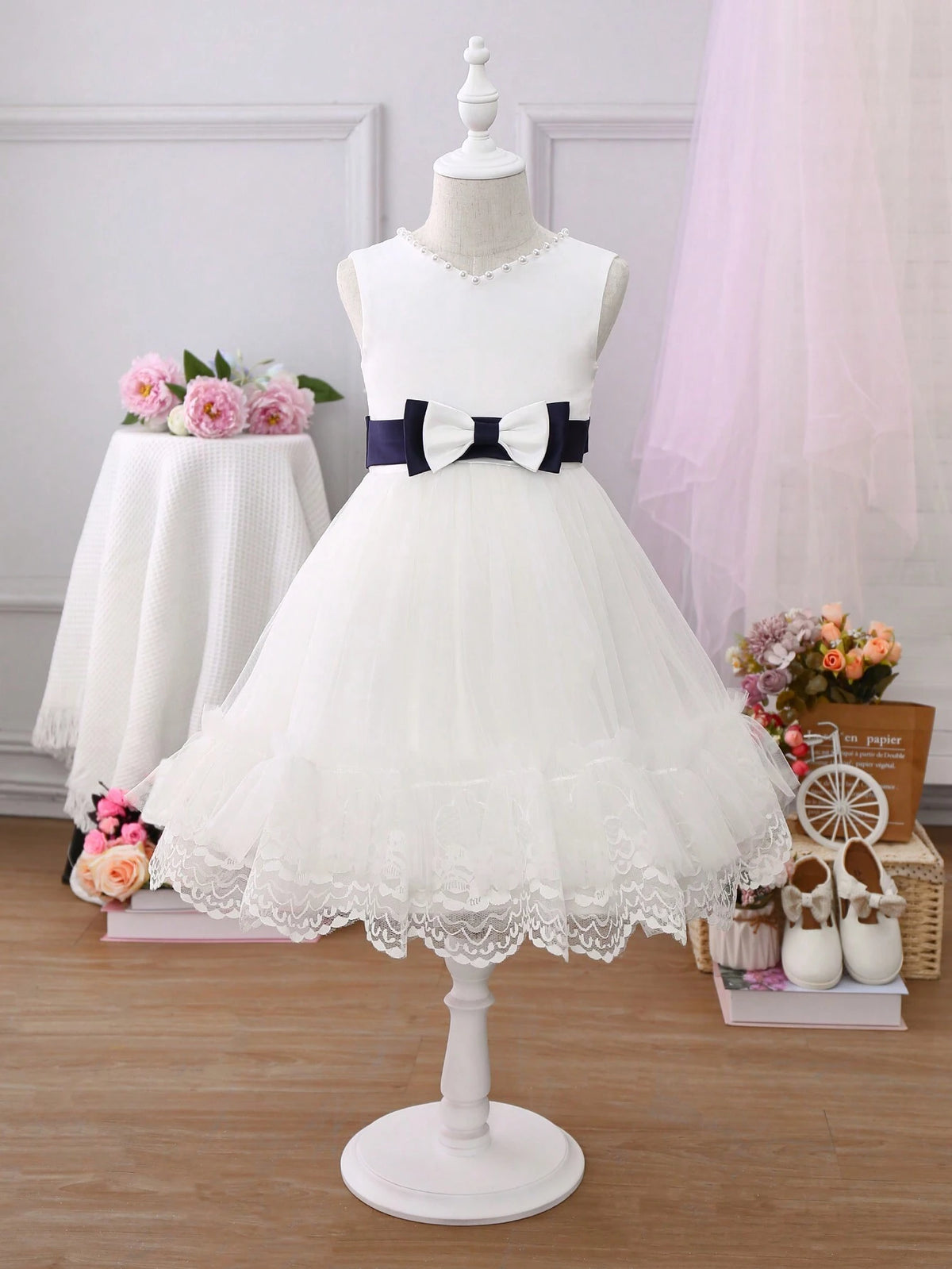 Young Girl Round Neck Mesh Patchwork Color Block Sleeveless Princess Dress